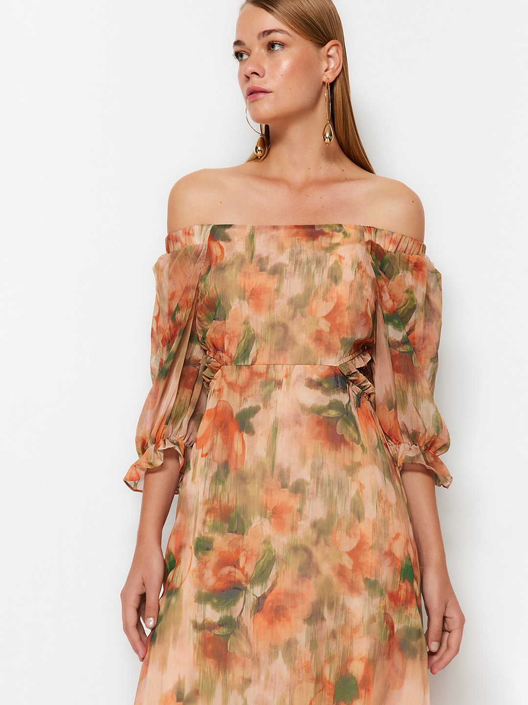 

Trendyol Floral Printed Off-Shoulder Puff Sleeves Fit & Flare Midi Dress, Brown