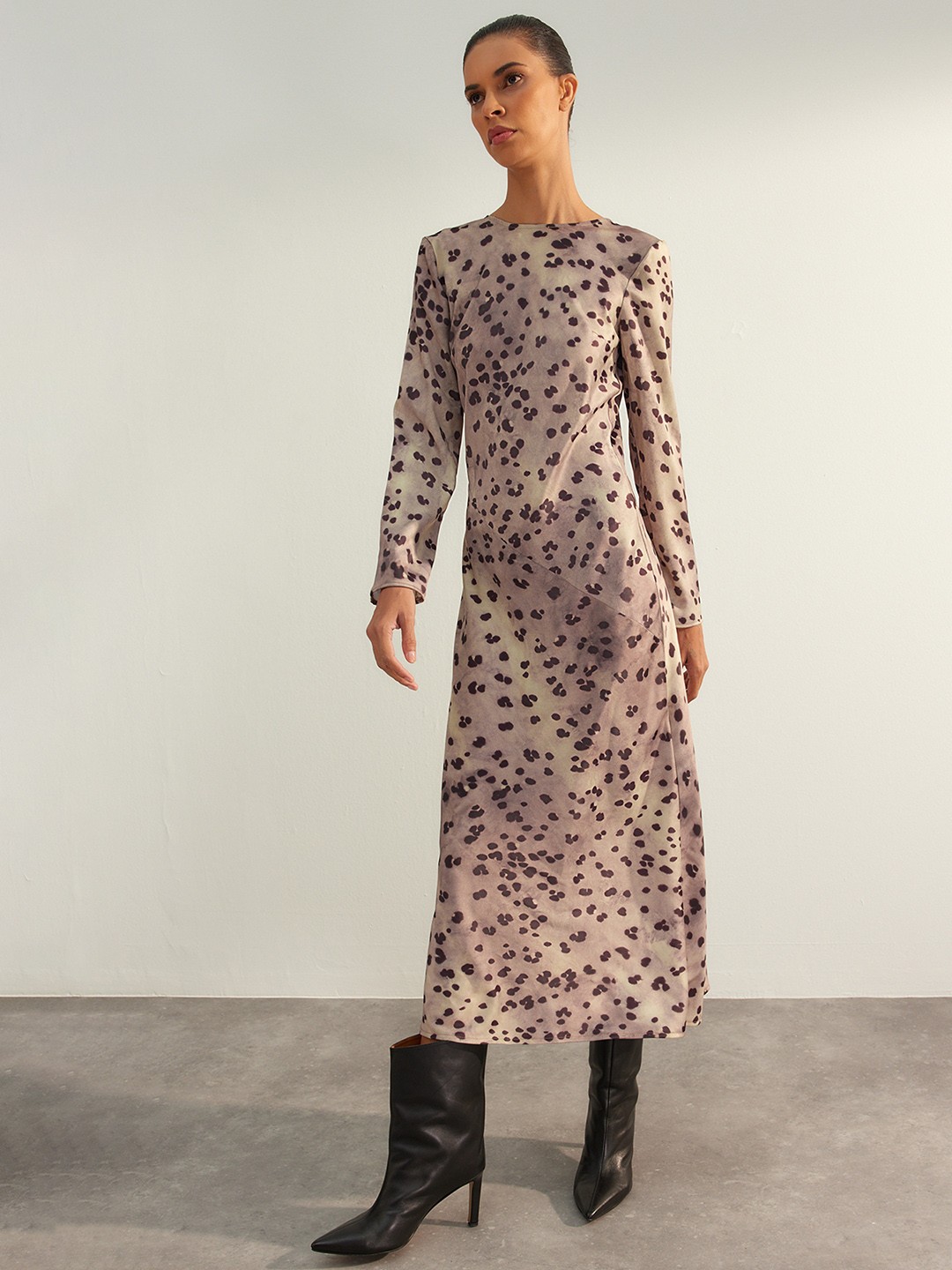 

Trendyol Animal Print Round Neck Full Sleeves A-Line Midi Dress, Na