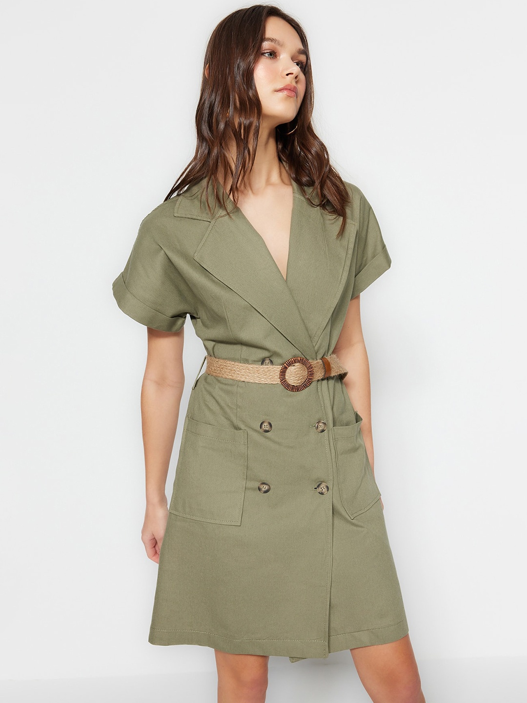 

Trendyol Cotton Lapel Neck Opaque Shirt Dress, Khaki