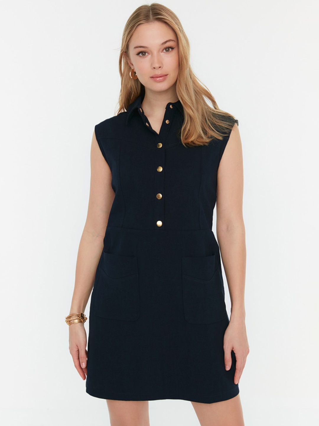 

Trendyol Shirt Collar Sleeveless Cotton Dress, Blue