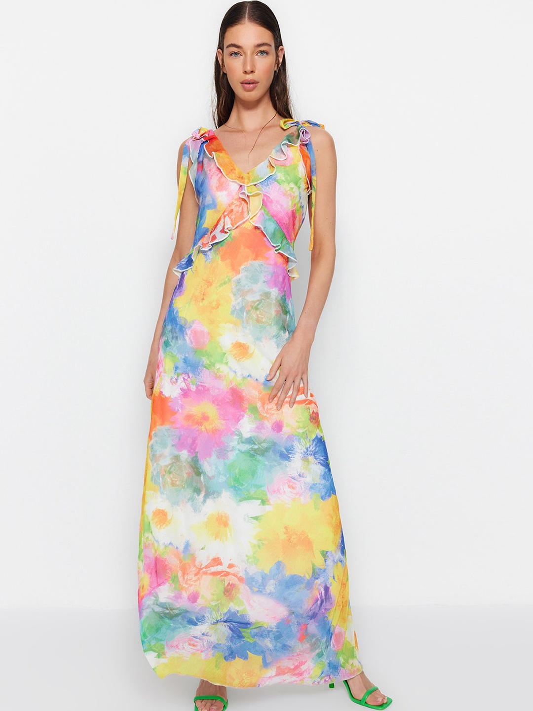 

Trendyol Abstract Print V-Neck Maxi Dress, Pink