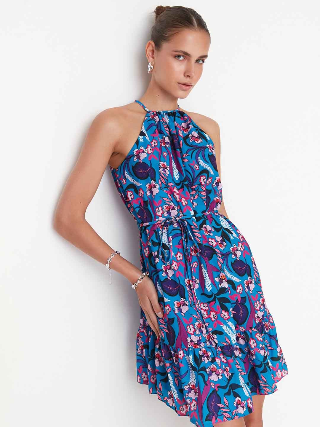 

Trendyol Floral Printed Sleeveless Fit & Flare Dress, Blue