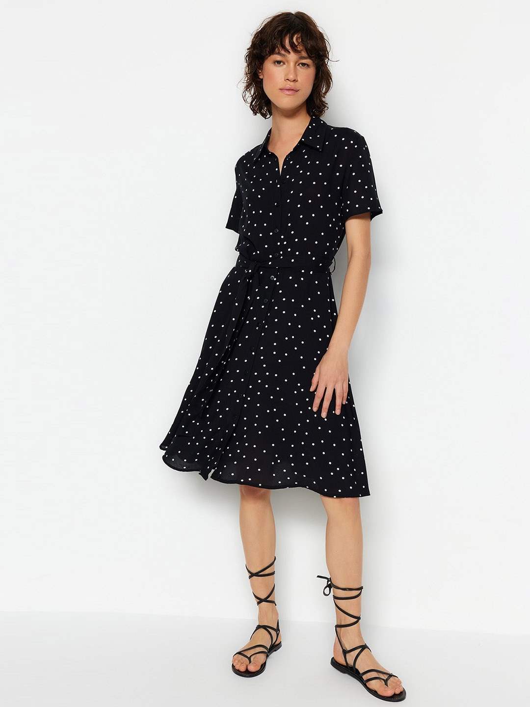 

Trendyol Polka Dot Print Shirt Collar Fit & Flare Dress, Black