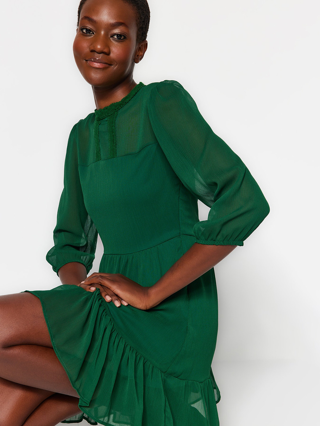 

Trendyol High Neck Puff Sleeve Fit & Flare Mini Dress, Na