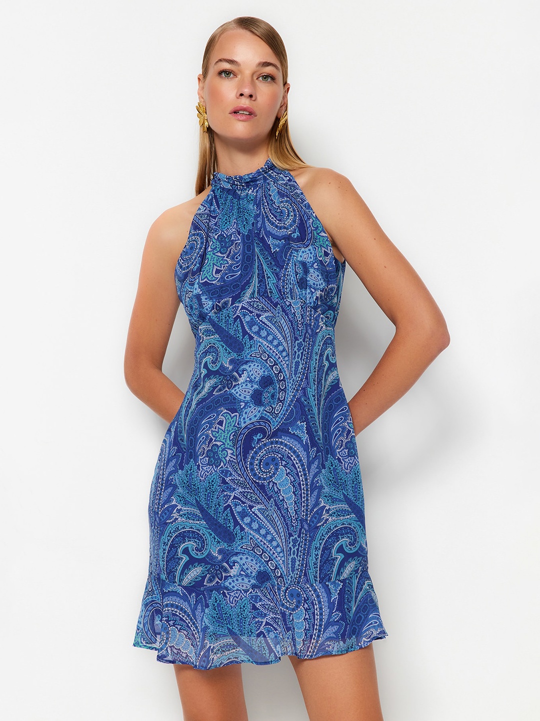 

Trendyol Ethnic Motifs Printed Halter Neck Sheath Mini Dress, Blue