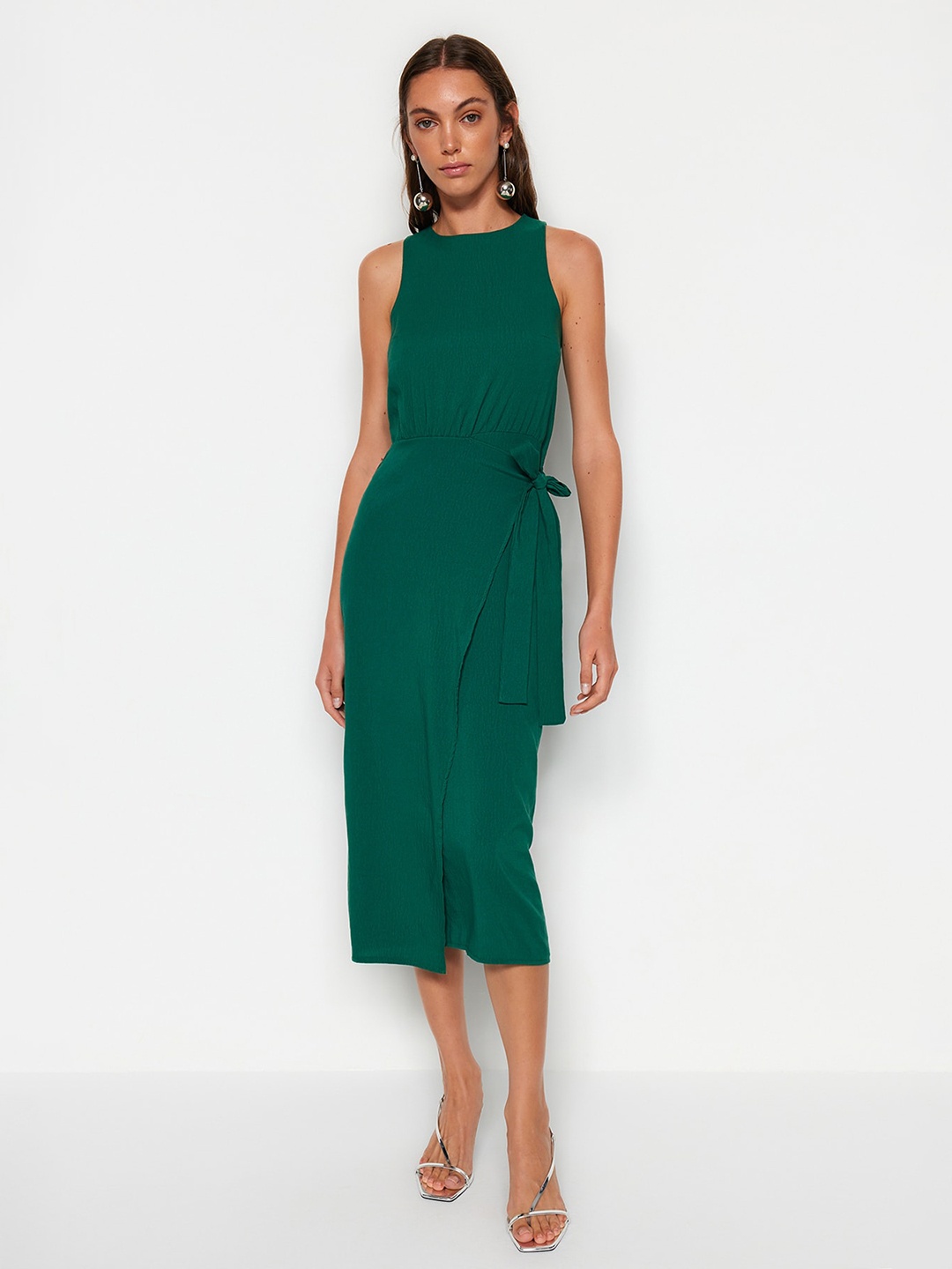 

Trendyol Round Neck Sheath Opaque Midi Dress, Green