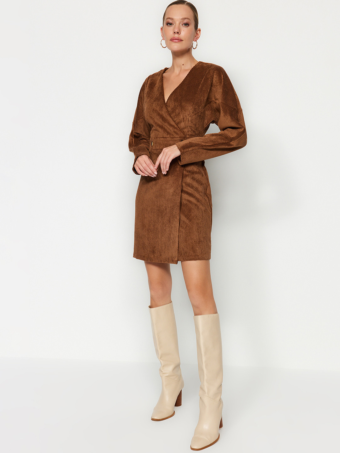 

Trendyol V-Neck Wrap Opaque Casual Dress, Brown