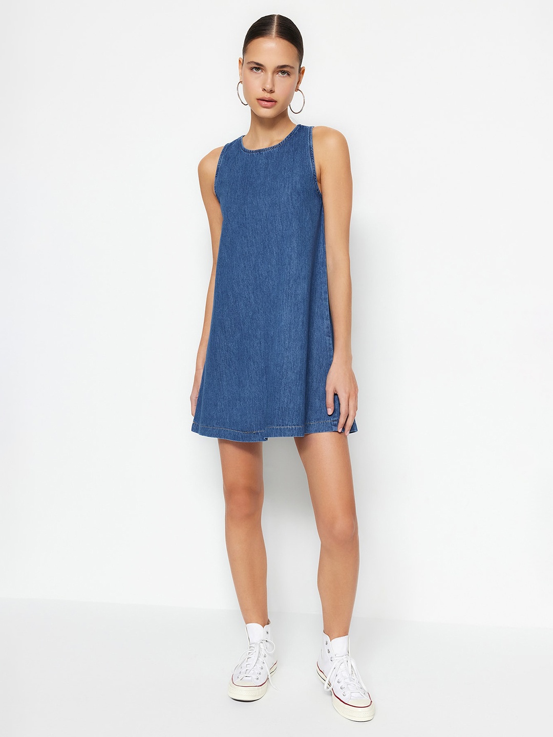 

Trendyol Round Neck A-Line Cotton Mini Dress, Blue