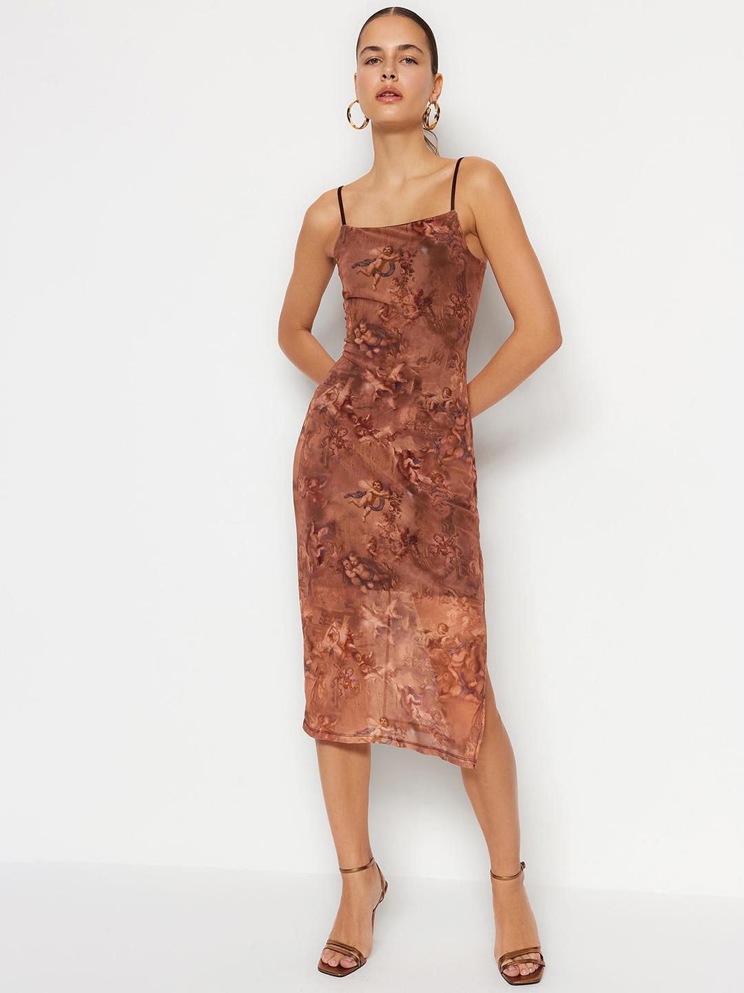 

Trendyol Floral Printed Square Neck Sleeveless Sheath Midi Dress, Brown