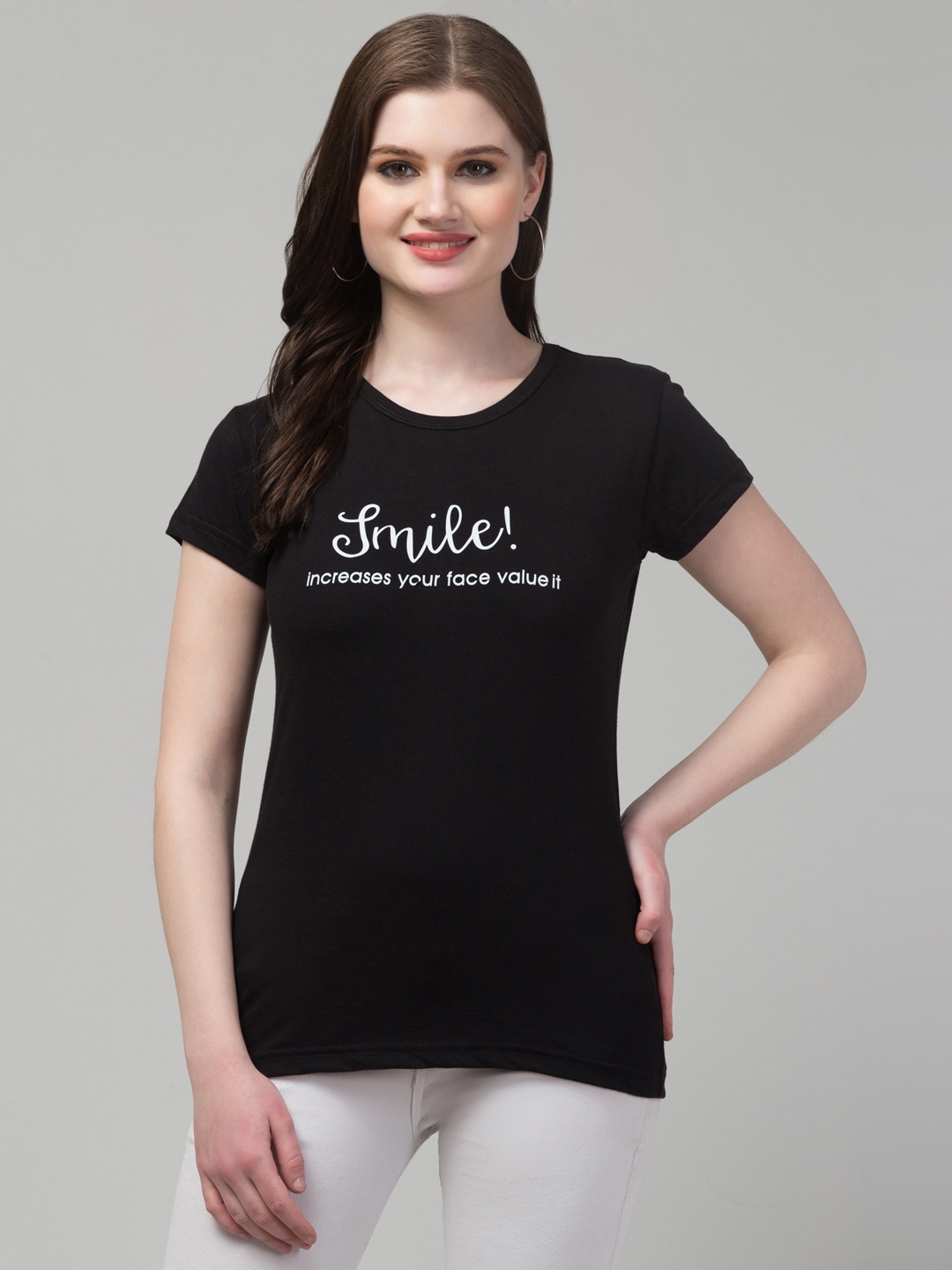 

Trend Level Round Neck Short Sleeves Typography Printed Cotton T-shirt, Black