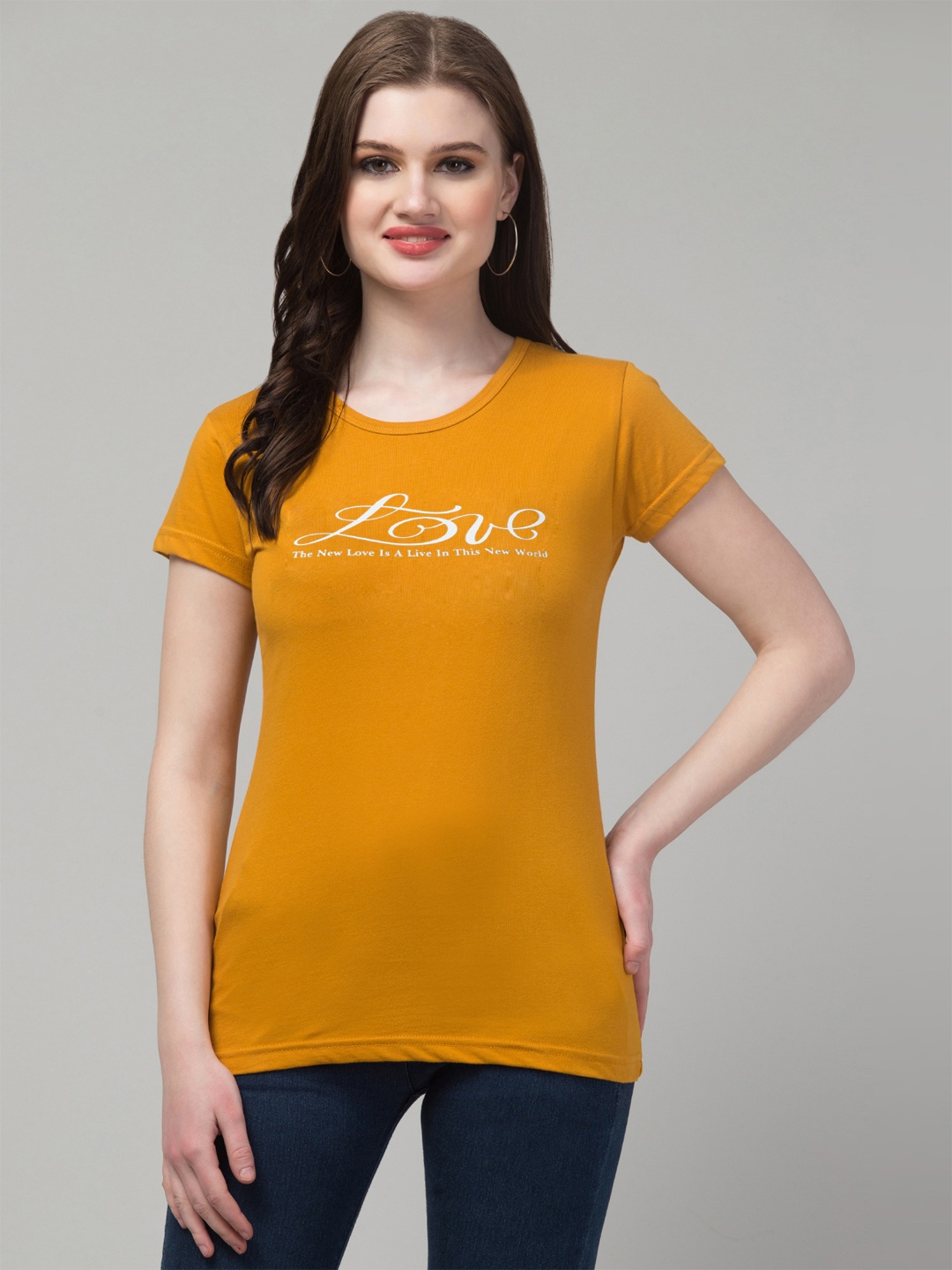 

Trend Level Round Neck Short Sleeves Typography Printed Cotton T-shirt, Mustard