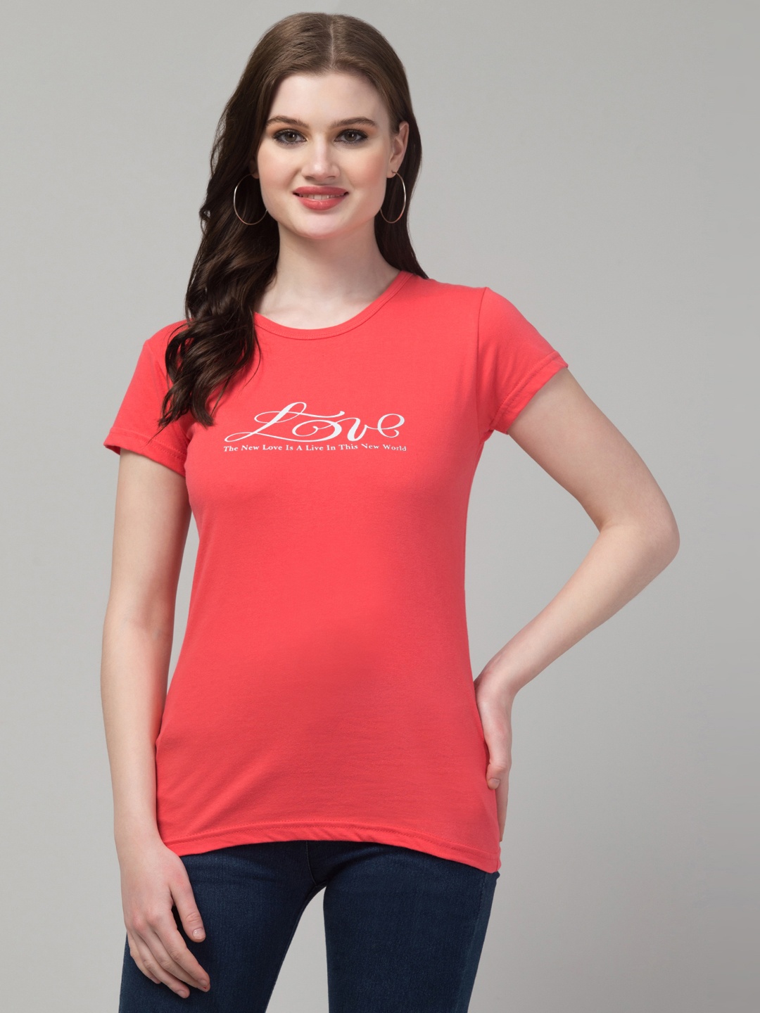 Trend Level Typography Printed Round Neck Cotton T-shirt, Peach