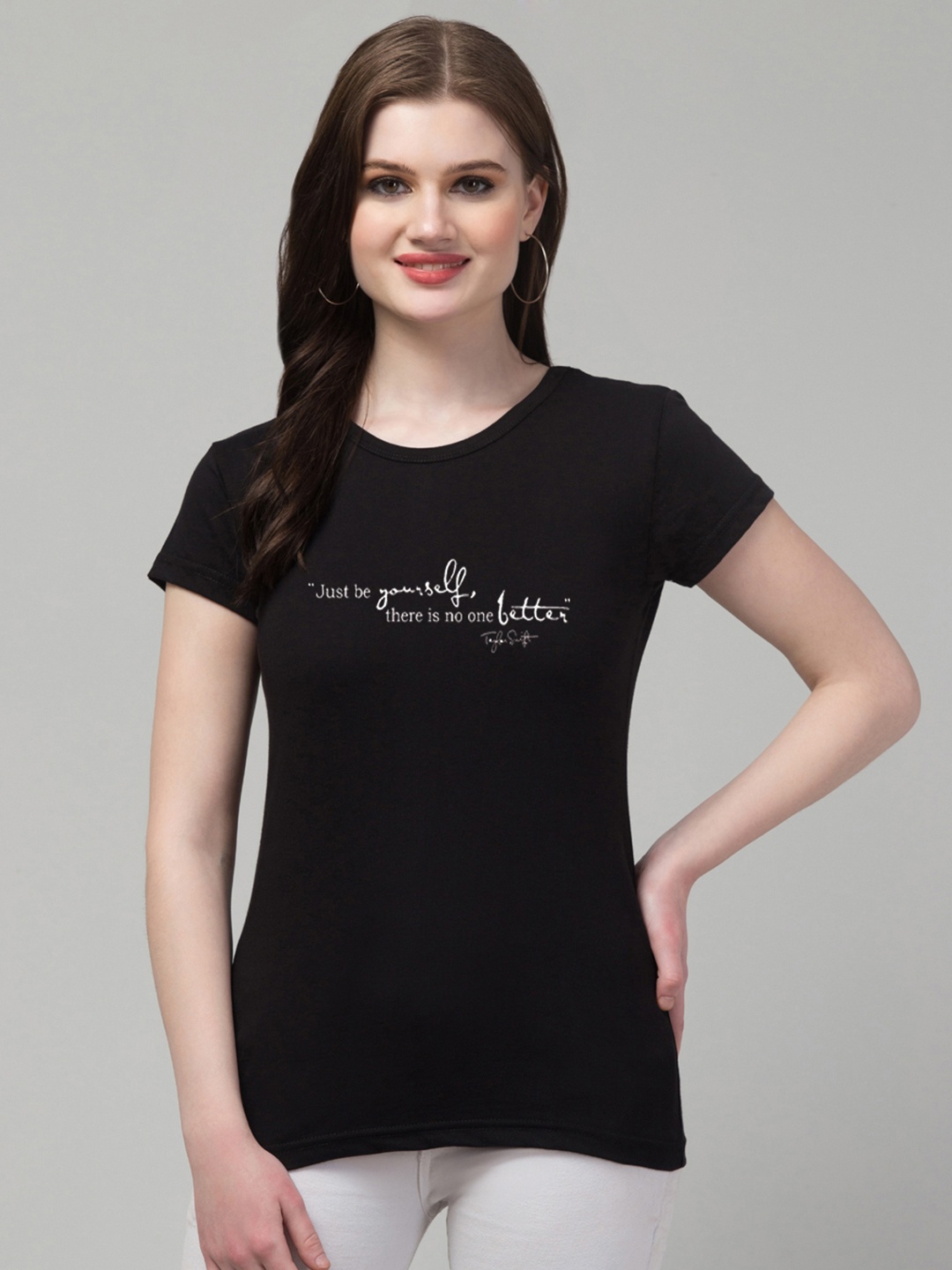 

Trend Level Round Neck Short Sleeves Typography Printed Cotton T-shirt, Black