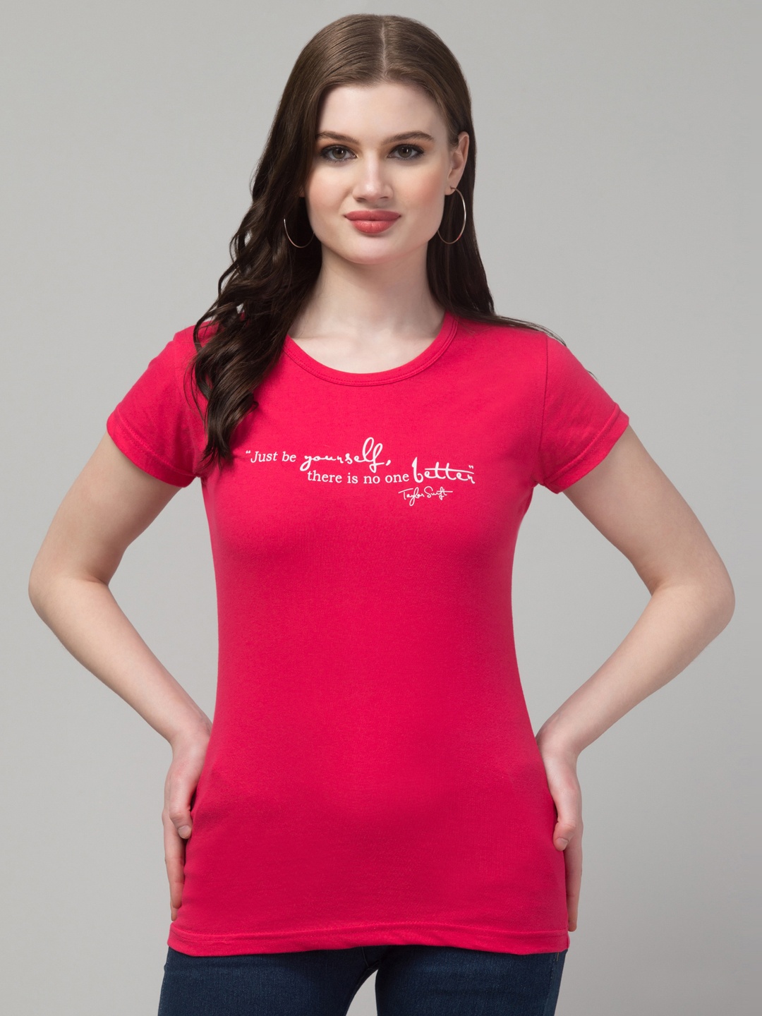 

Trend Level Round Neck Typography Printed Cotton T-shirt, Magenta