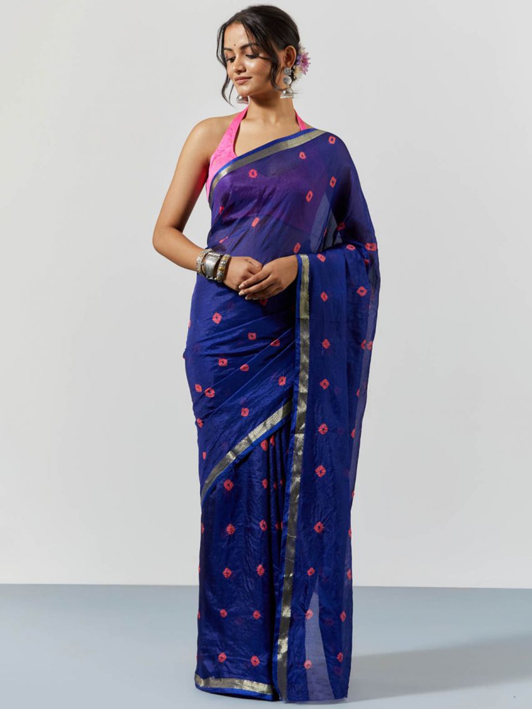 

sutra attire Tie and Dye Zari Art Silk Bandhani Saree, Blue