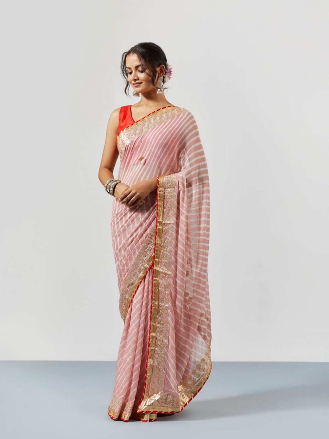 

sutra attire Dyed Leheriya Gotta Patti Leheriya Saree, Peach