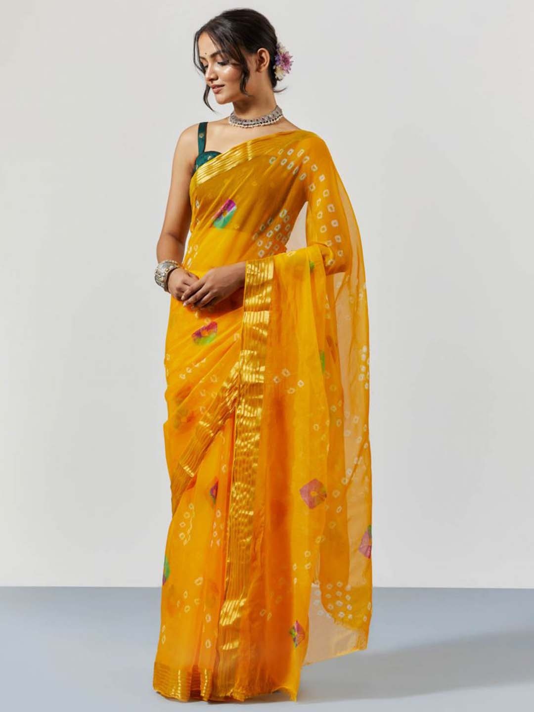 

sutra attire Bandhani Zari Chiffon Bandhani Saree, Yellow