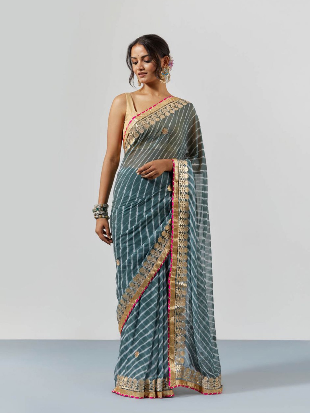 

sutra attire Leheriya Gotta Patti Chiffon Leheriya Saree, Grey
