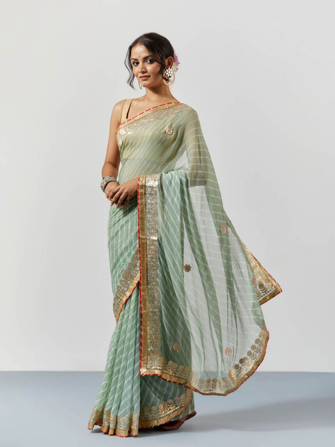 

sutra attire Leheriya Gotta Patti Chiffon Leheriya Saree, Green