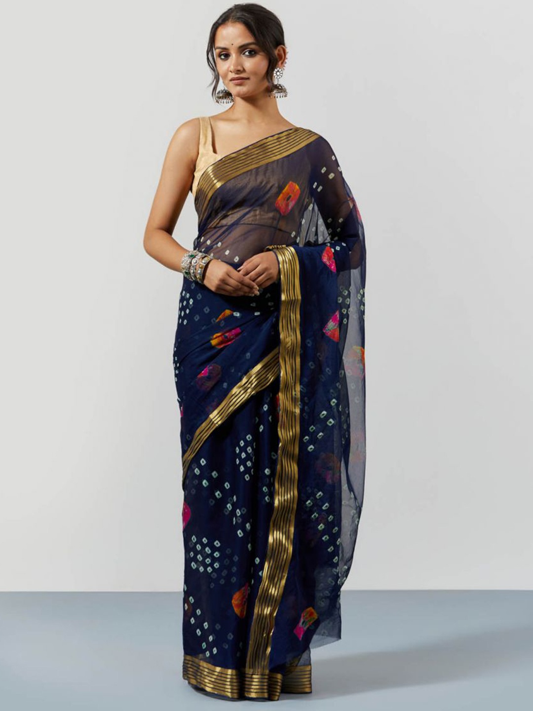 

sutra attire Bandhani Zari Chiffon Bandhani Saree, Blue