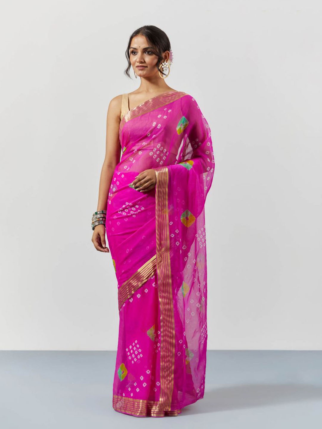 

sutra attire Tie and Dye Zari Bandhani Saree, Pink