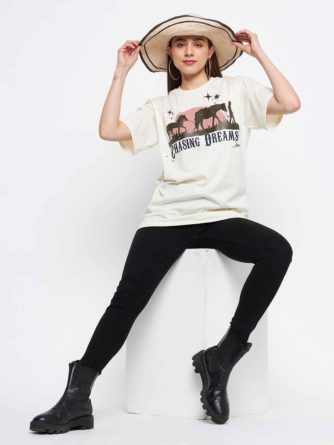 

Skidlers Graphic Printed Drop-Shoulder Sleeves Pure Cotton Oversized T-shirt, Cream