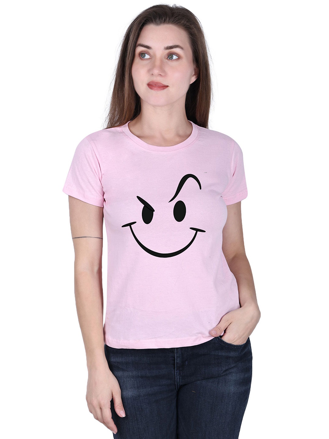 

DADNI FASHION Printed Round Neck Short Sleeves Cotton T-shirt, Pink