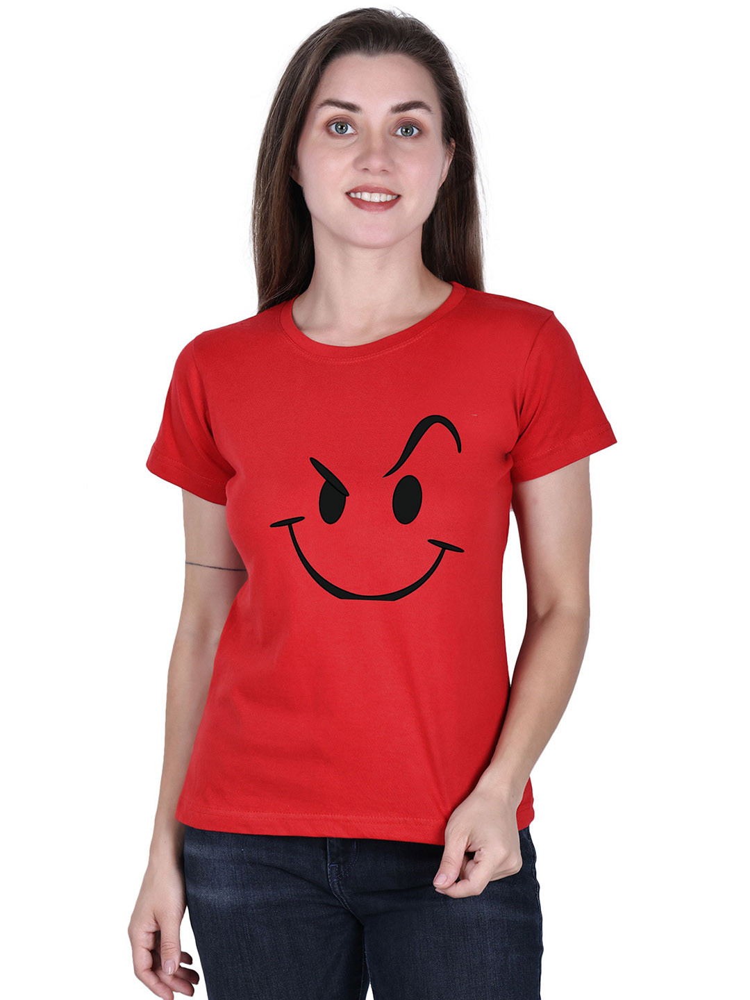 

DADNI FASHION Printed Round Neck Short Sleeves Cotton T-shirt, Red