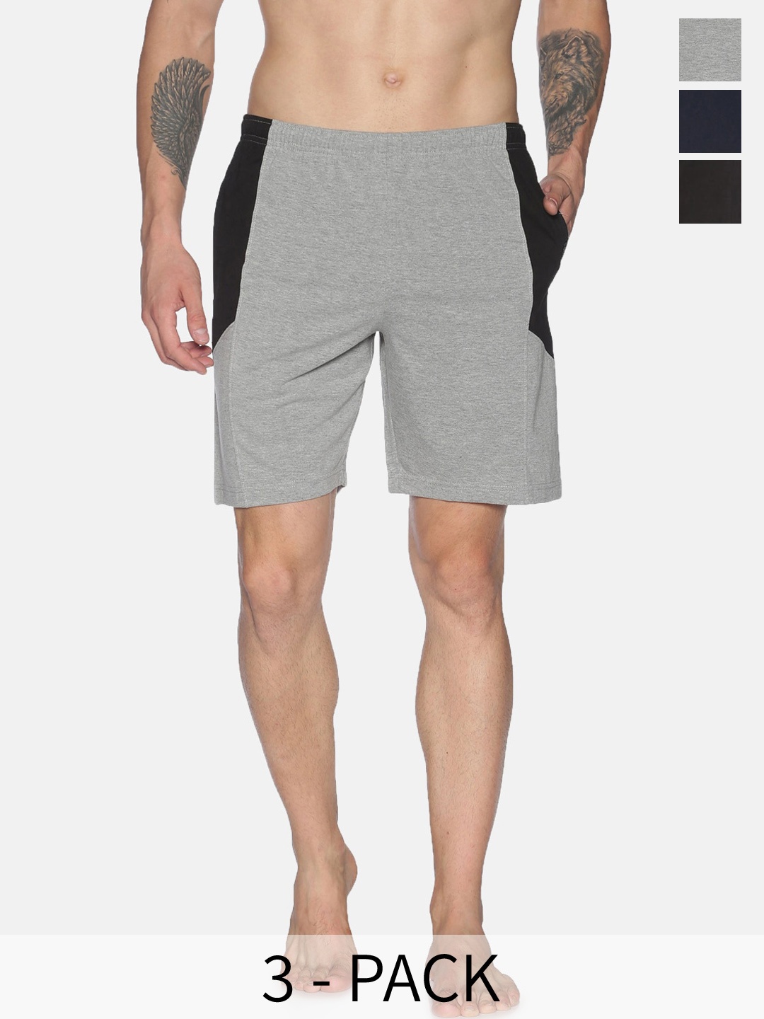 

Dollar Men Pack Of 3 Colourblocked Cotton Regular Shorts, Grey