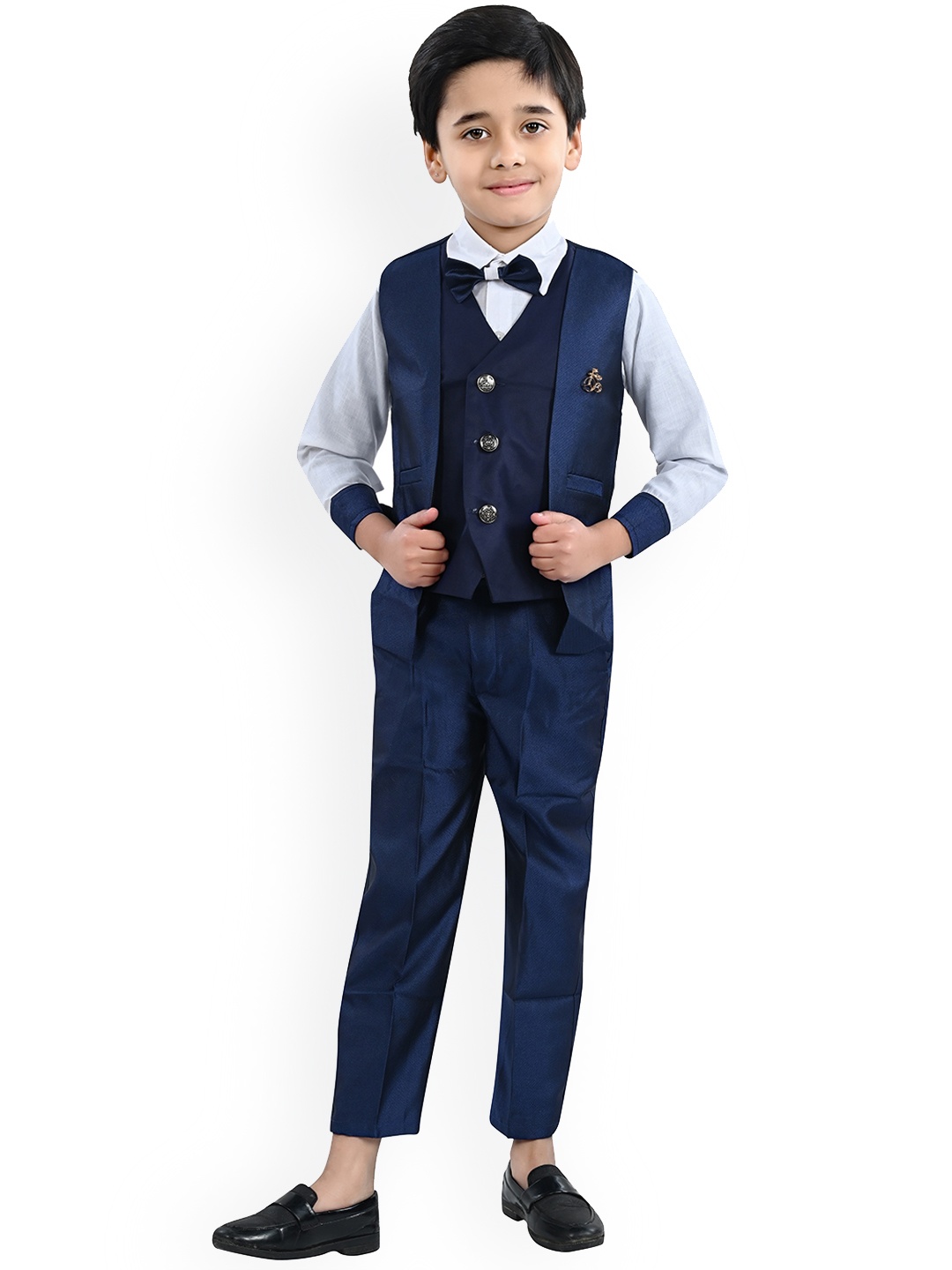 

BAESD Boys Self Design V-Neck 3 Piece Cotton Suit, Navy blue