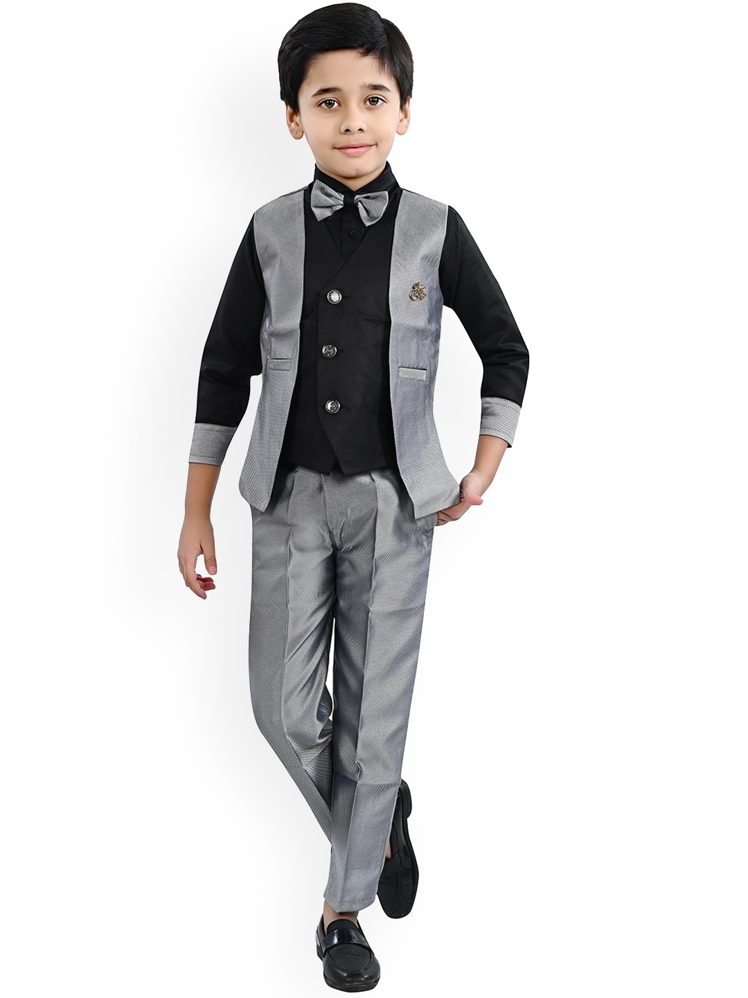 

BAESD Boys Self Design Notched Lapel 3 Piece Cotton Suit, Grey