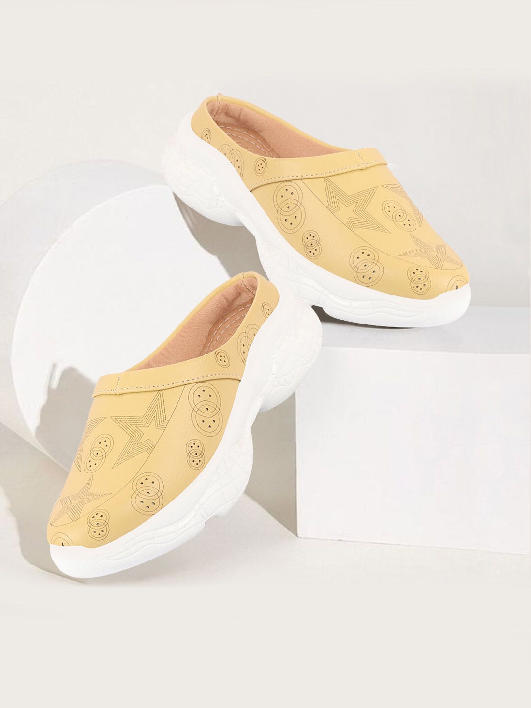 

FAUSTO Women Textured Laser Cut Detail Lightweight Muels, Yellow