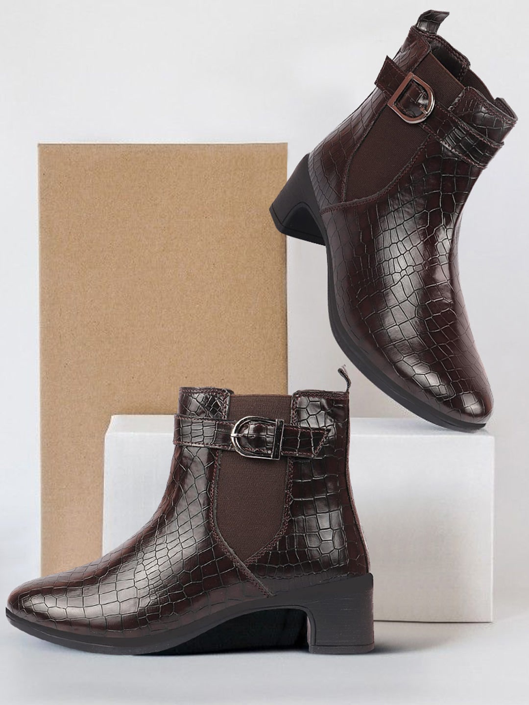 

FAUSTO Women Textured Heeled Chelsea Boots, Brown
