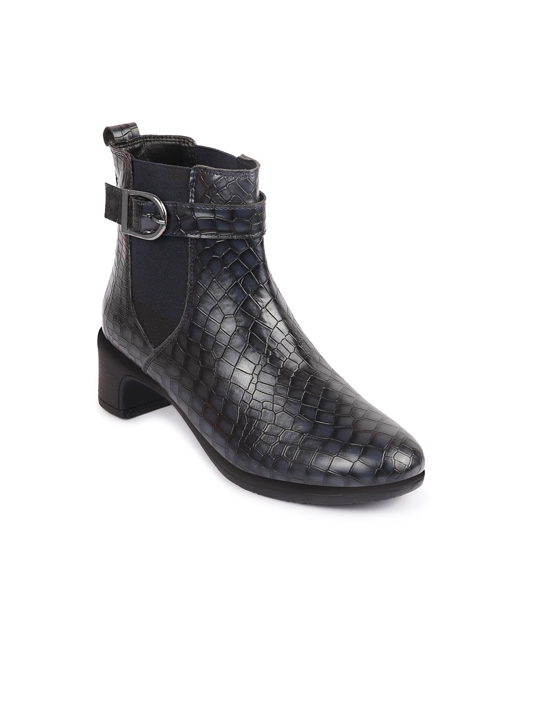 

FAUSTO Women Textured Heeled Chelsea Boots, Navy blue