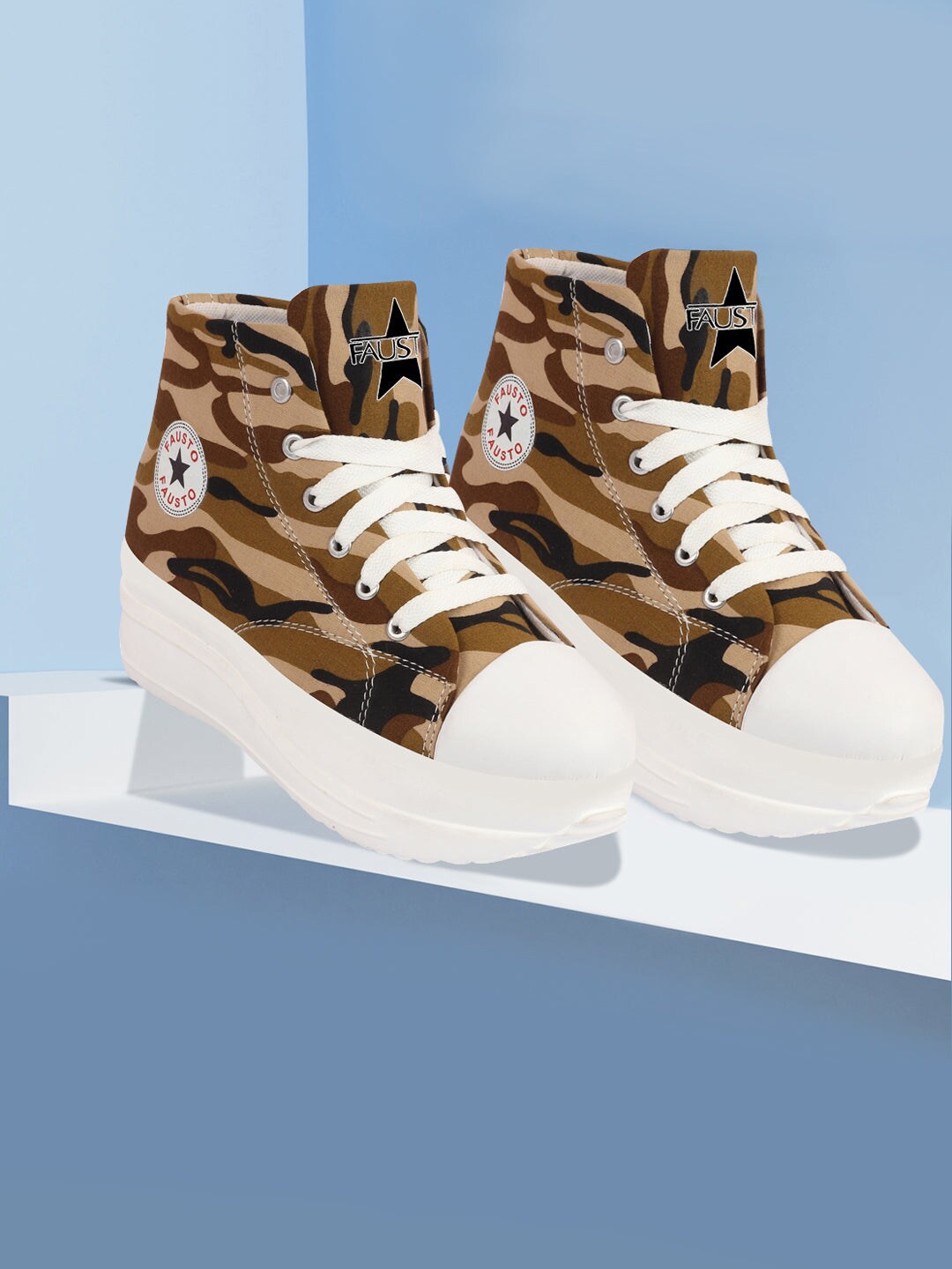 

FAUSTO Women Camouflage Printed Canvas Round Toe Lightweight Sneakers, Tan