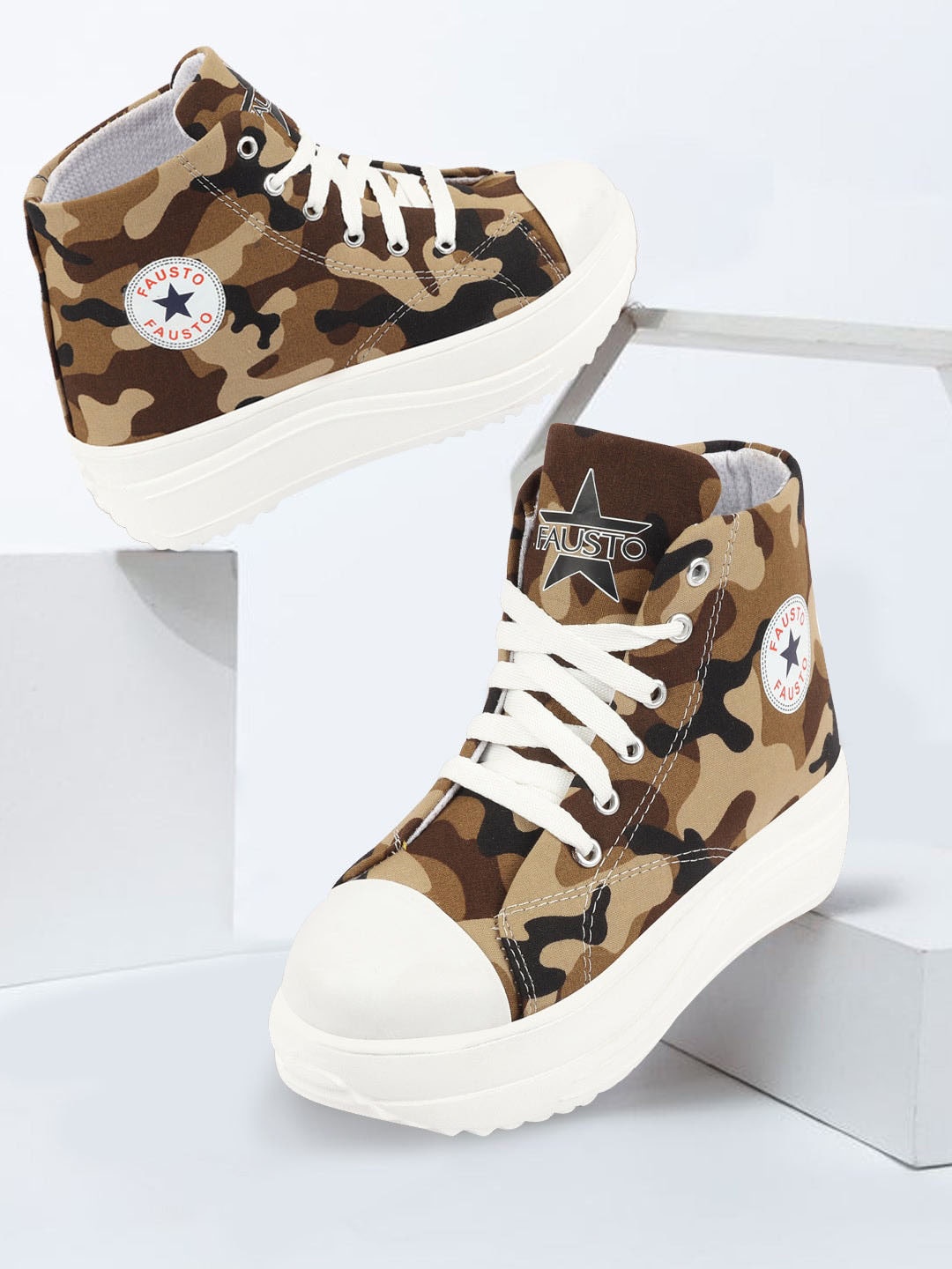 

FAUSTO Women Printed Mid-Top Lightweight Canvas Sneakers, Beige