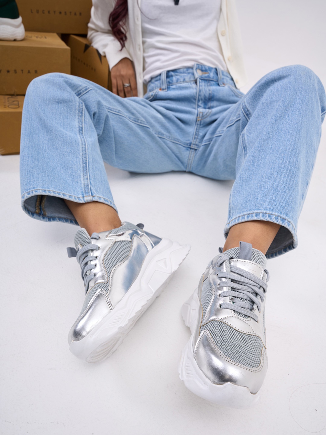 

FAUSTO Women Textured Lace Up Mesh Sneakers, Silver