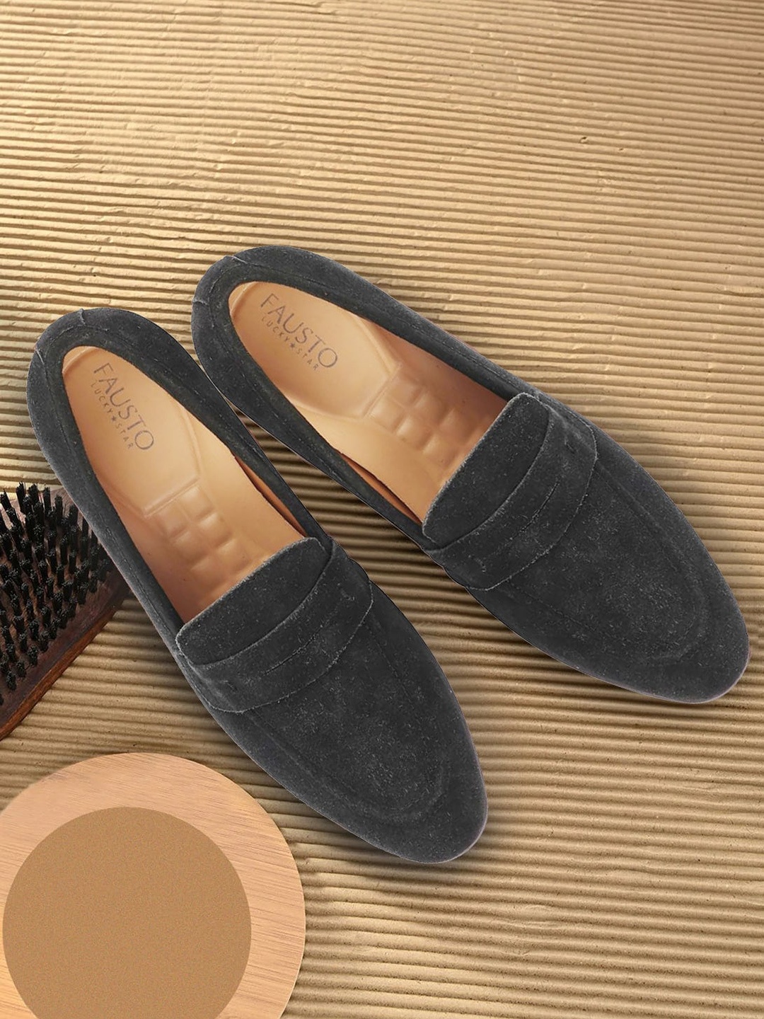 

FAUSTO Men Round Toe Slip On Penny Loafers, Black