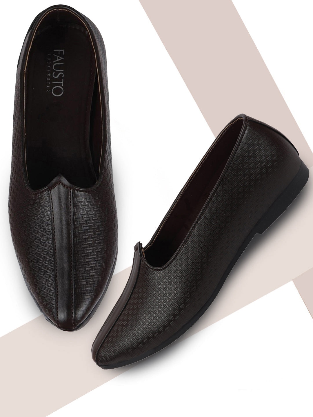 

FAUSTO Men Pointed Toe Textured Lightweight Mojaris, Brown