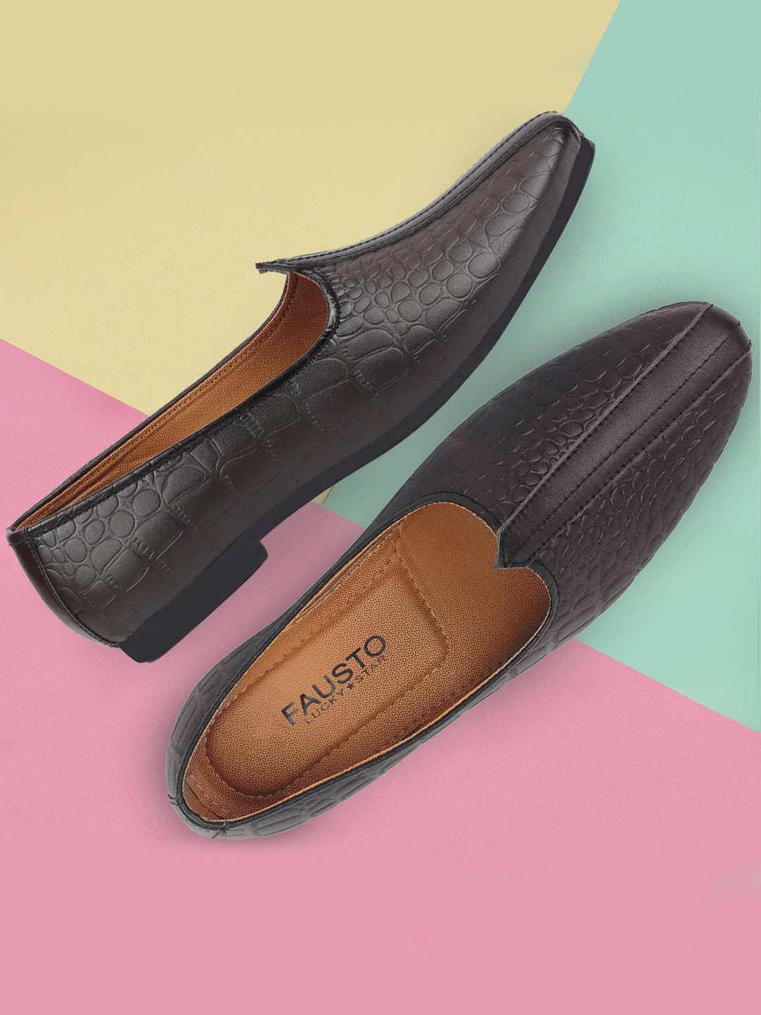 

FAUSTO Men Textured Round Toe Slip On Mojaris, Brown