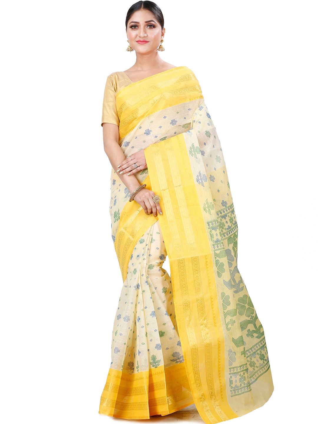 

DipDiya Floral Zari Pure Cotton Taant Saree, Yellow