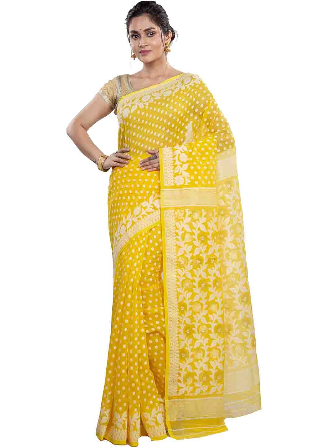 

DipDiya Polka Dots Woven Design Jamdani Saree, Yellow