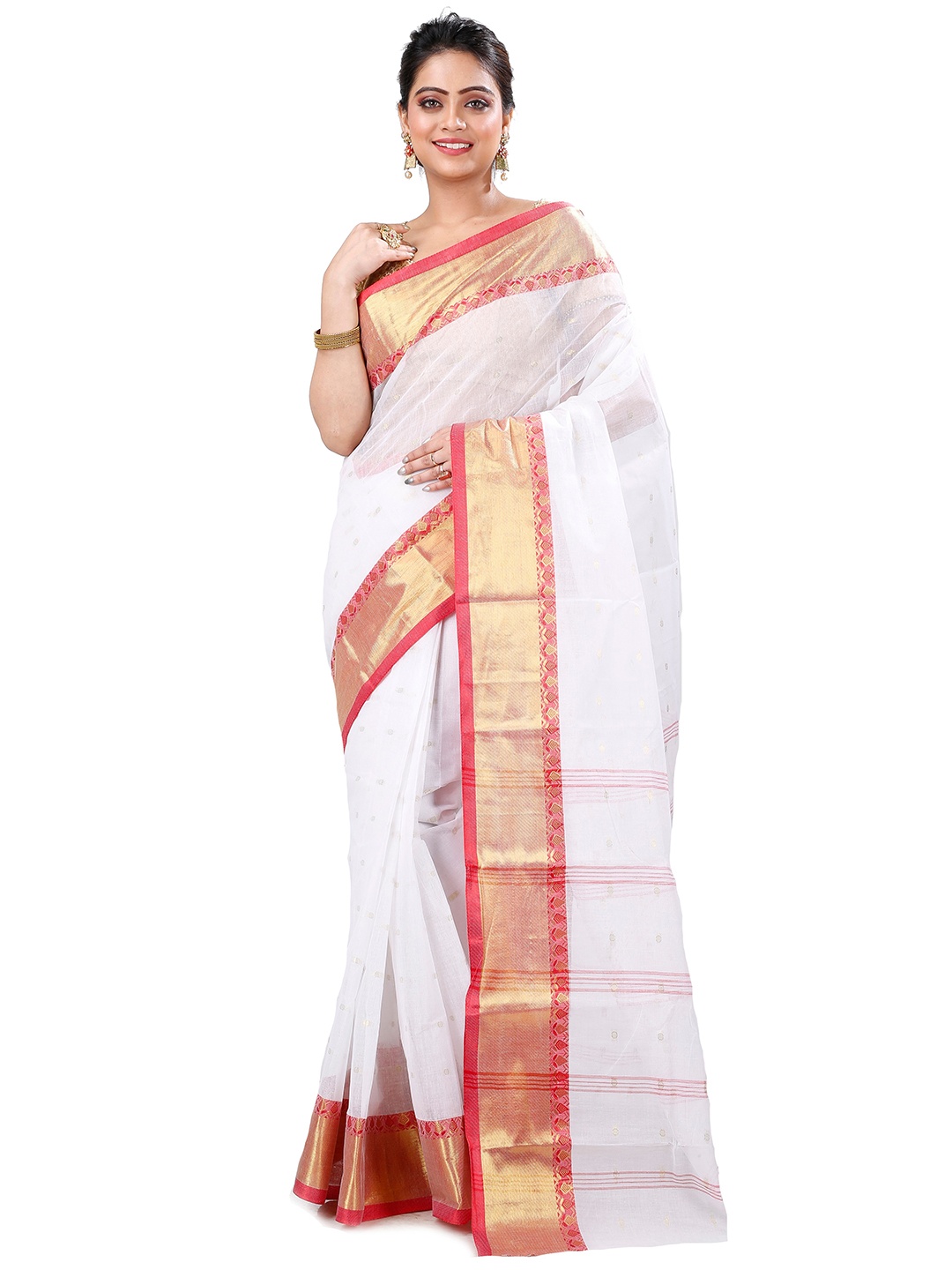 

DipDiya Woven Design Zari Pure Cotton Taant Saree, White