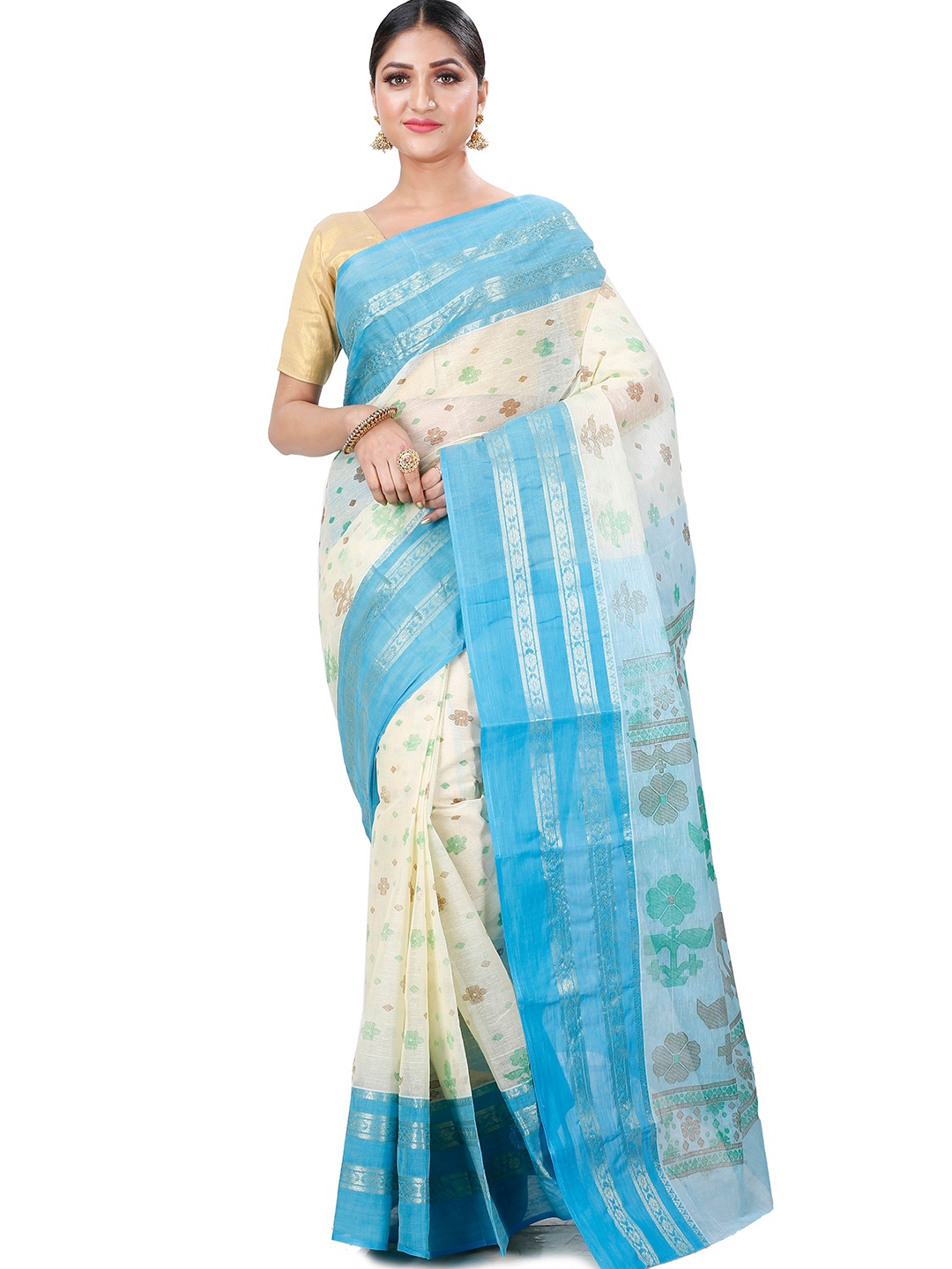 

DipDiya Ethnic Motifs Woven Design Pure Cotton Taant Saree, Blue