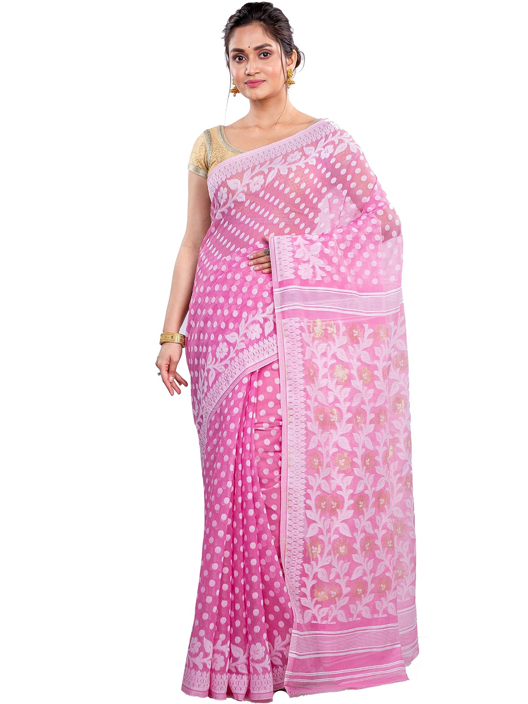 

DipDiya Ethnic Motifs Woven Design Zari Jamdani Saree, Pink