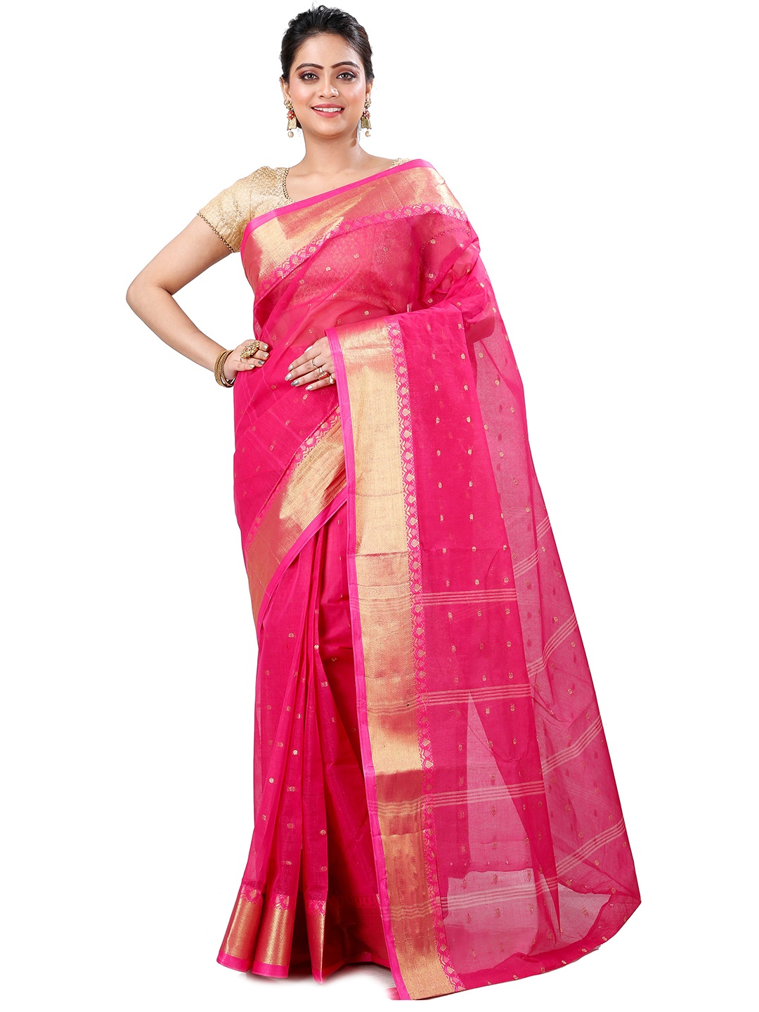 

DipDiya Ethnic Motifs Woven Design Zari Pure Cotton Taant Saree, Pink