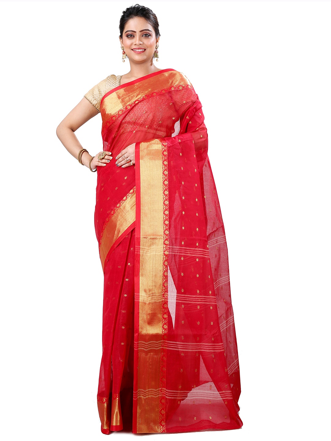 

DipDiya Ethnic Motifs Woven Design Zari Pure Cotton Taant Saree, Red