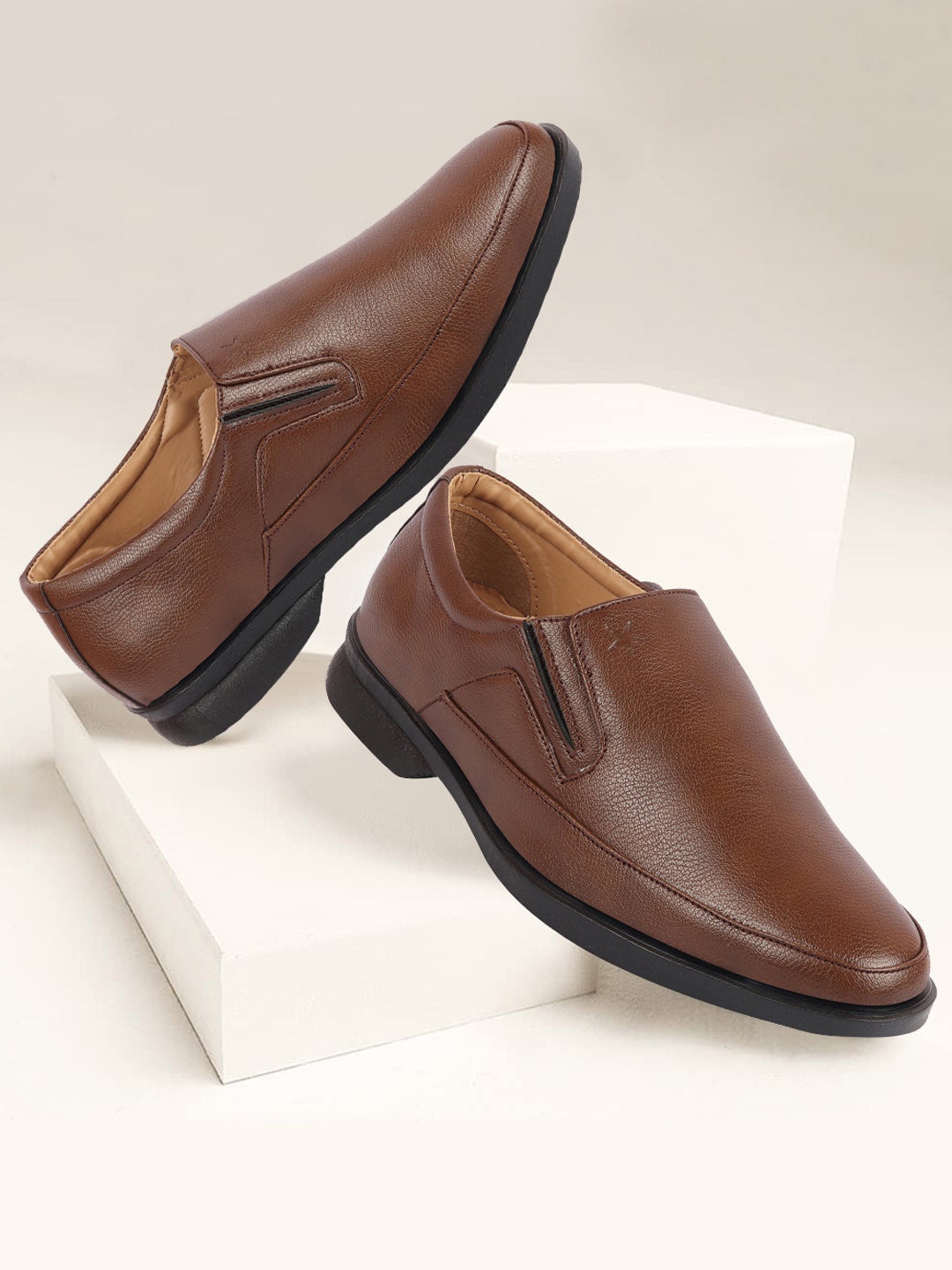 FAUSTO Men Textured Formal Slip On Shoes, Tan