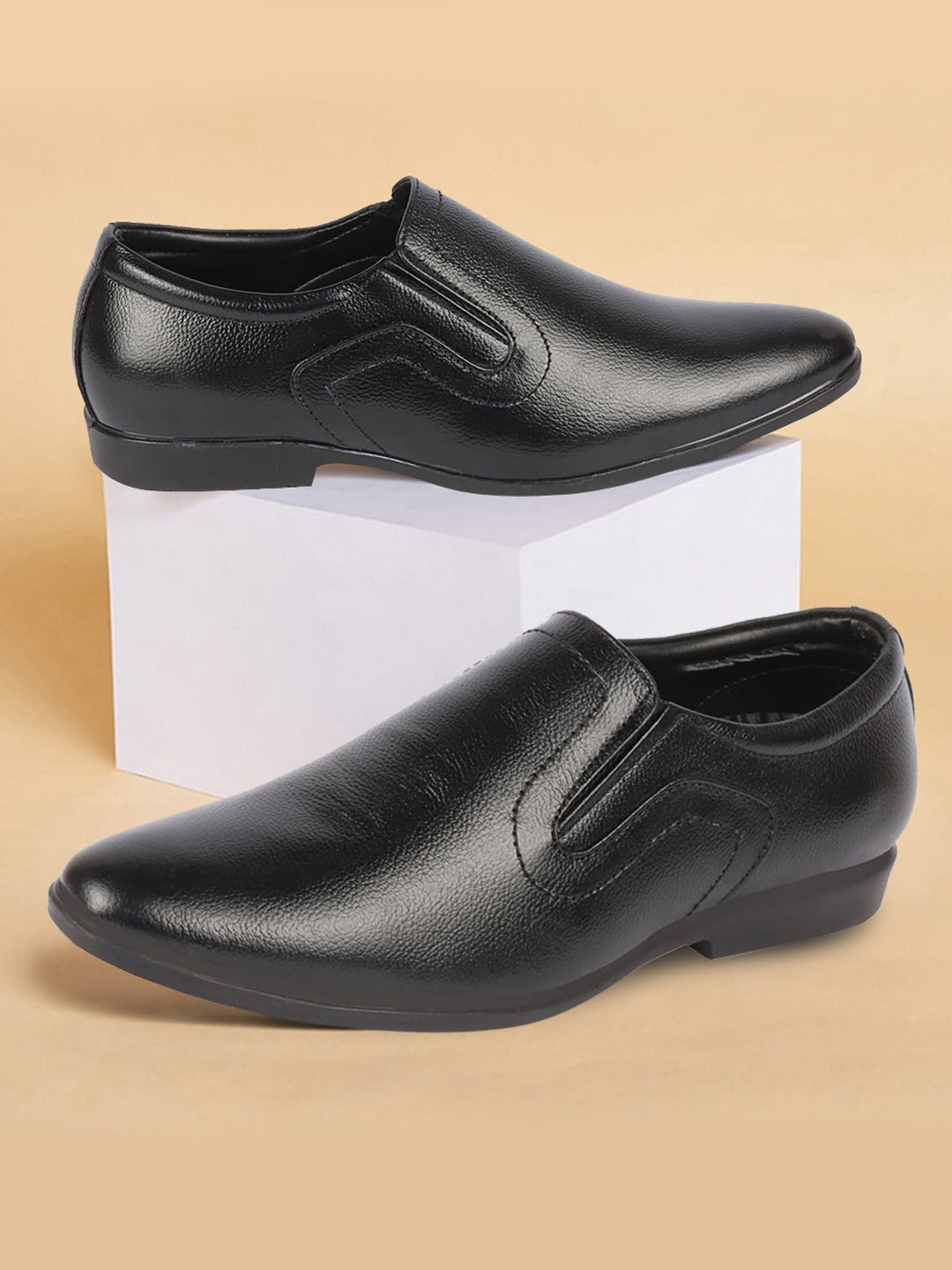 

FAUSTO Men Textured Leather Formal Slip-On Shoes, Black