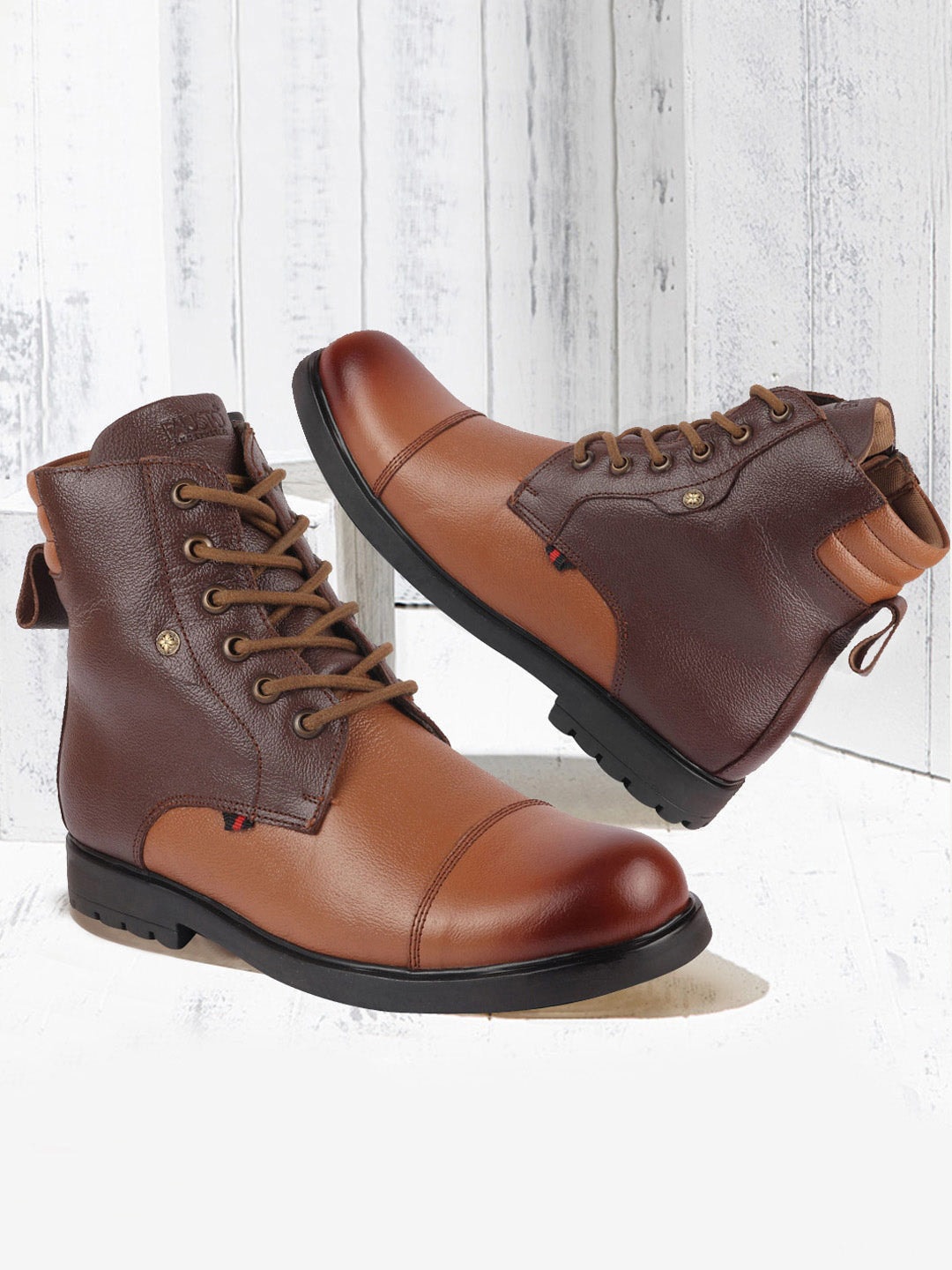

FAUSTO Men Textured Leather High Top Lace-Up Boots, Tan